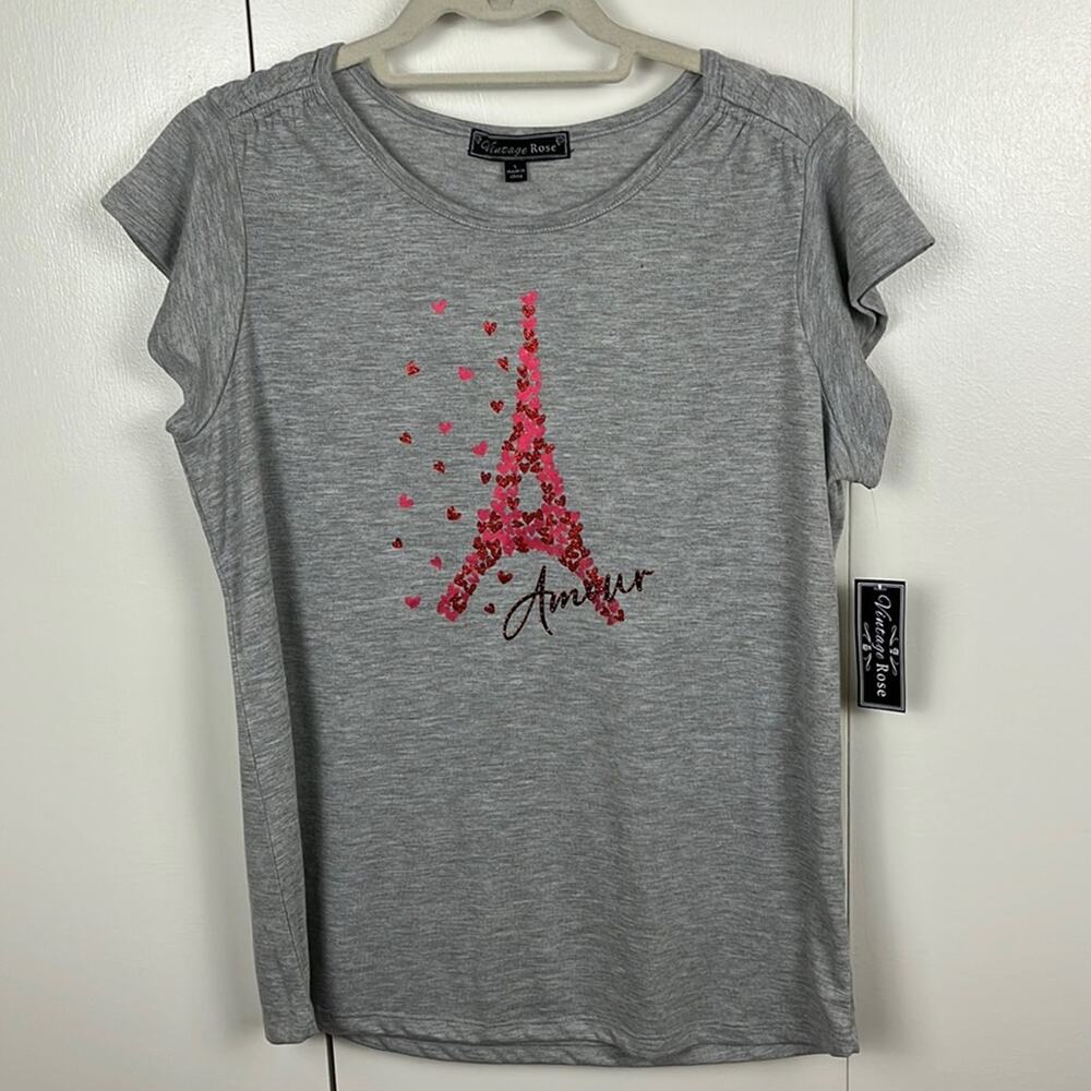 Vintage Rose Amour T shirt Gray Cap Sleeve Ruched Shoulder Bling Tower Medium